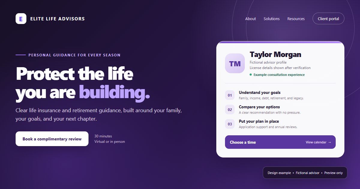 Example Elite Life agent page design with an advisor profile, consultation steps and booking call to action.