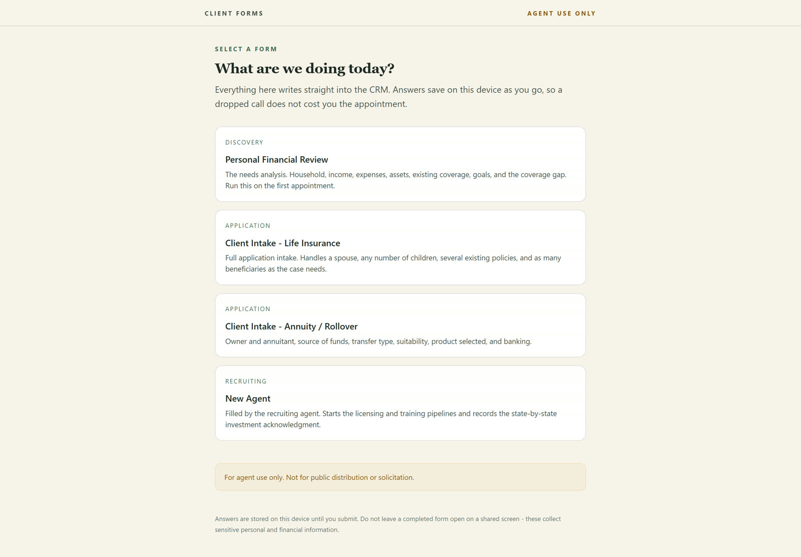 The agent forms hub showing four forms: Personal Financial Review, Client Intake Life Insurance, Client Intake Annuity or Rollover, and New Agent.