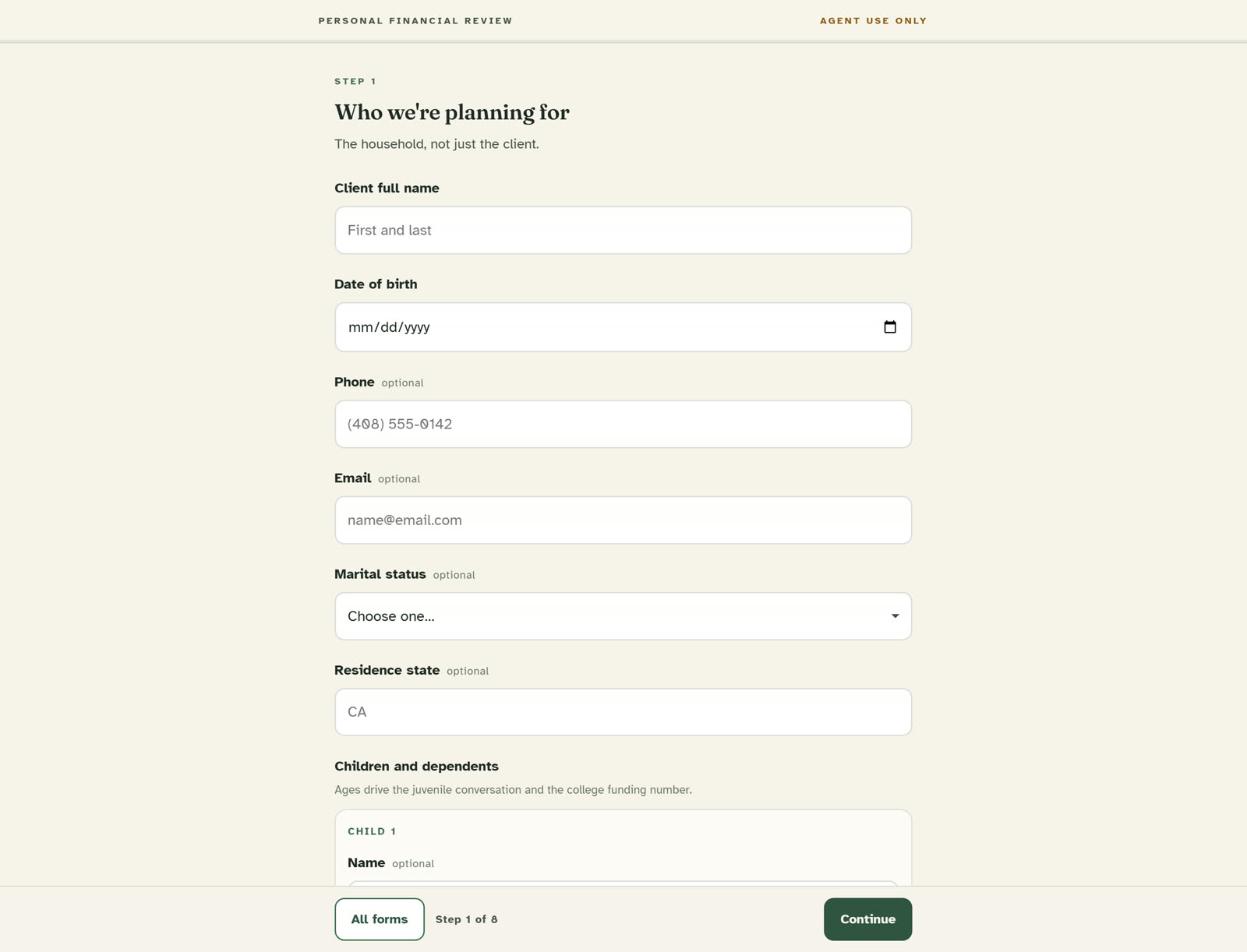 Personal Financial Review form, step 1 of 8, with a repeating group for children and dependants.