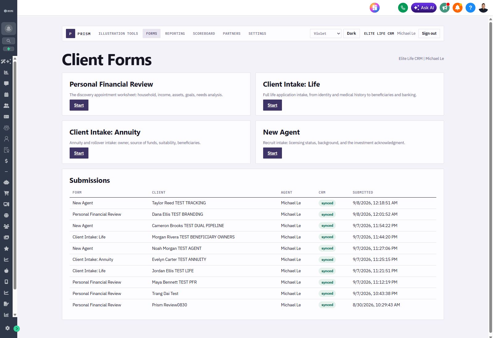 Prism Forms showing synced fictional test records in the CRM reference workspace.