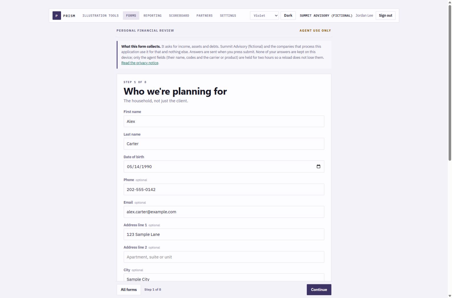 Current violet Personal Financial Review, first of eight steps, with partially filled household details.
