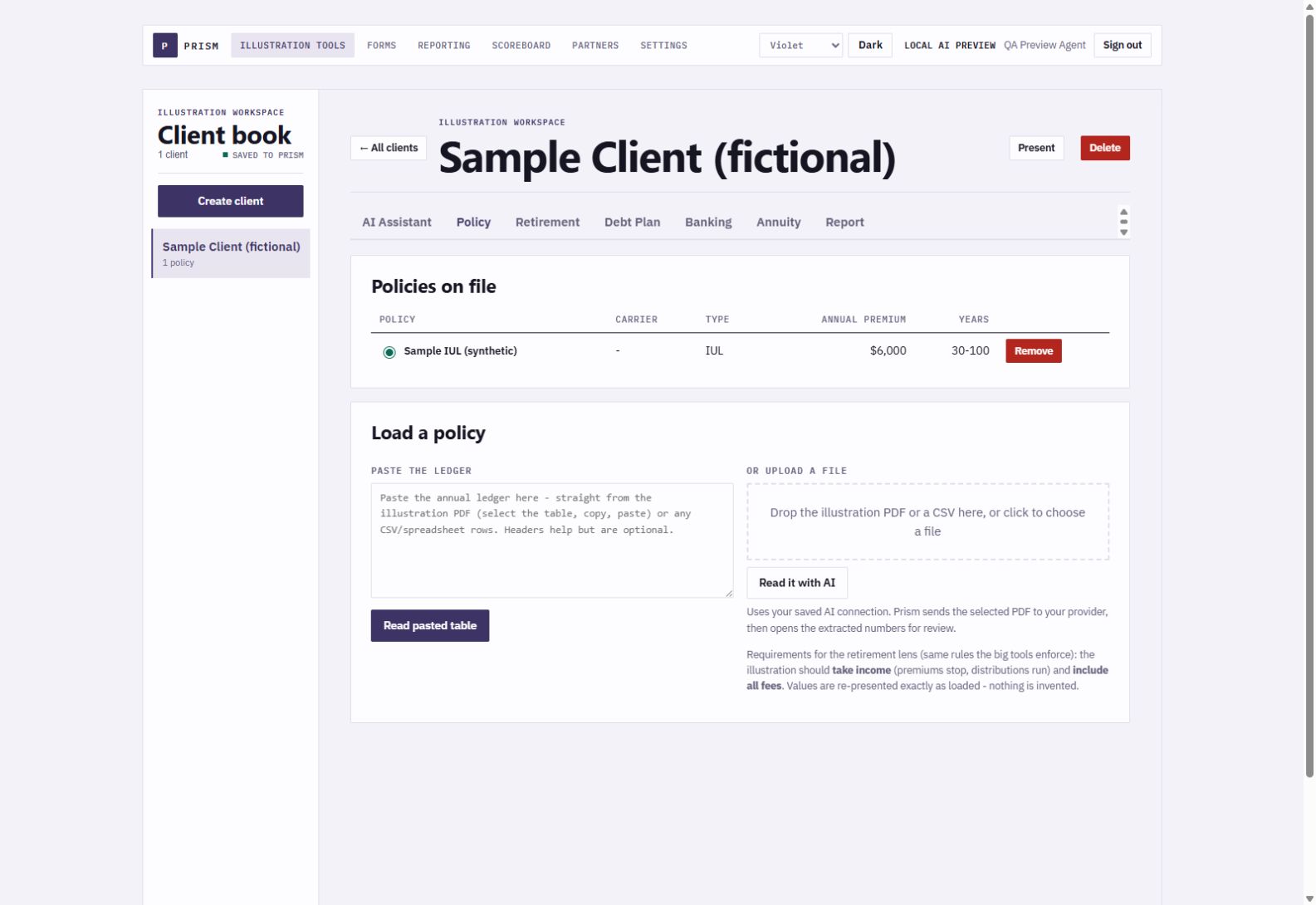 Current violet Prism policy workspace with one synthetic sample policy and AI upload controls.